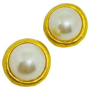 DONALD STANNARD signed vintage gold tone faux pearls designer clip on earrings